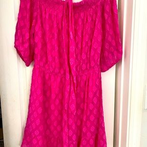 Lilly pink romper, elastic waist, bright color, off shoulder, size L. Worn once.
